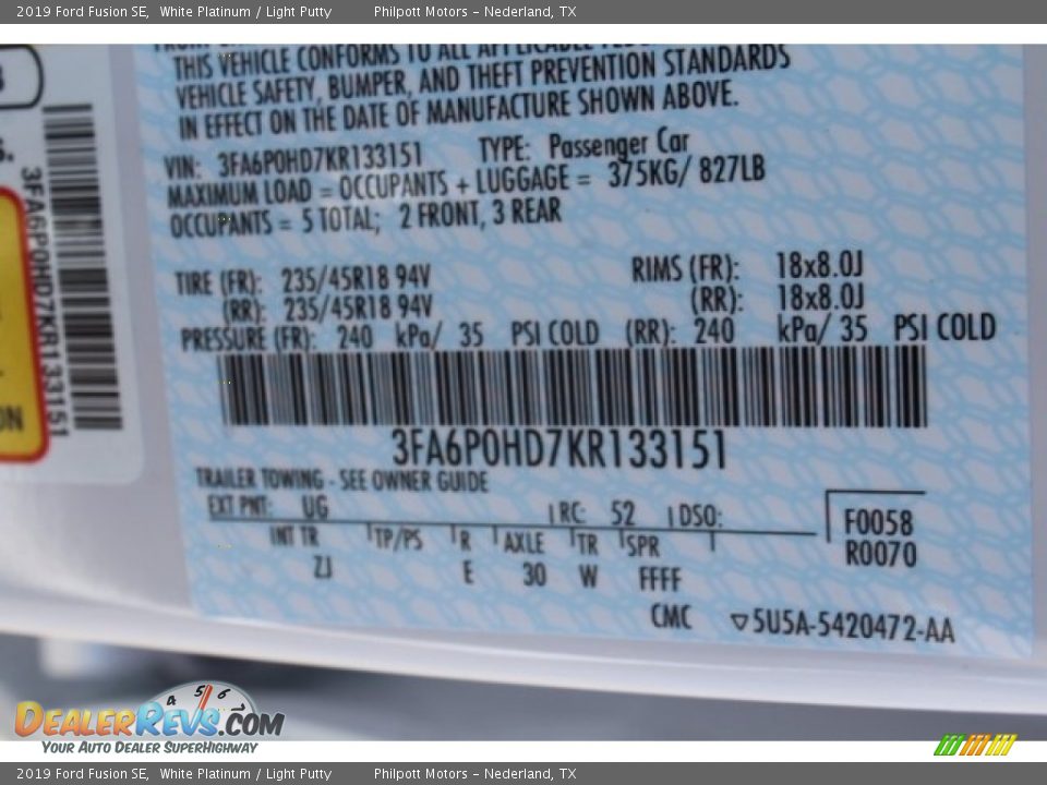 2019 Ford Fusion SE White Platinum / Light Putty Photo #23