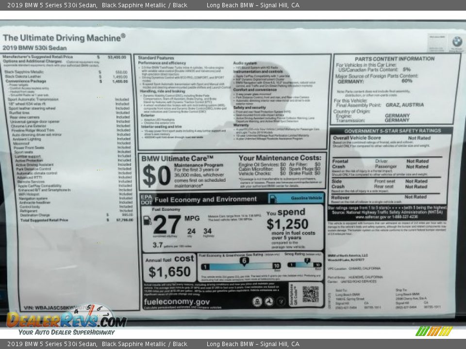 2019 BMW 5 Series 530i Sedan Black Sapphire Metallic / Black Photo #10