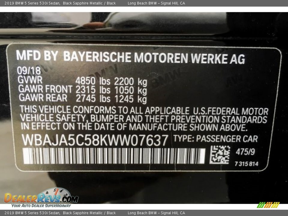 2019 BMW 5 Series 530i Sedan Black Sapphire Metallic / Black Photo #11