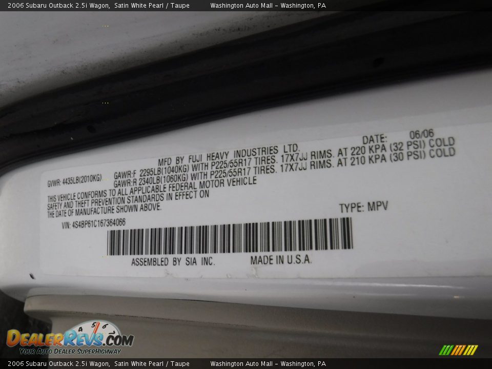 2006 Subaru Outback 2.5i Wagon Satin White Pearl / Taupe Photo #18