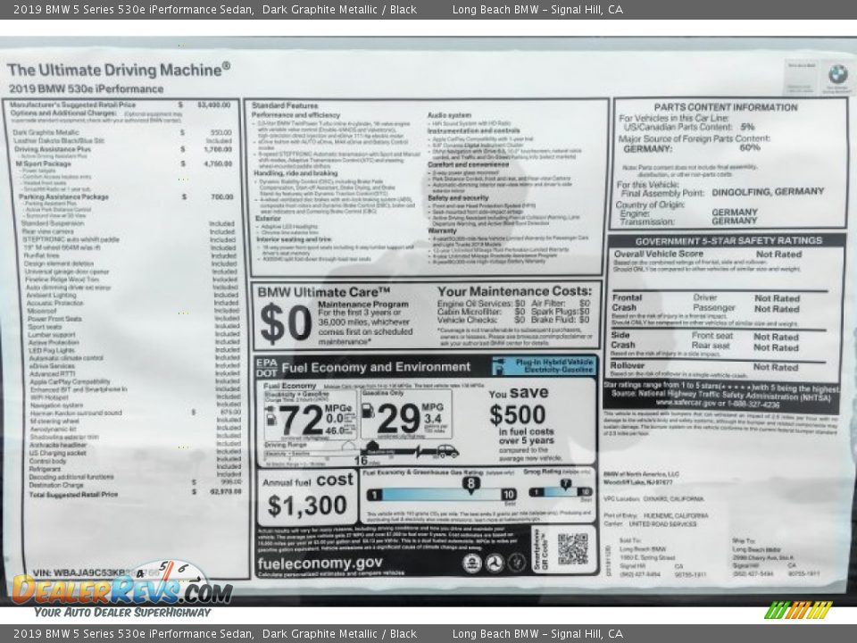 2019 BMW 5 Series 530e iPerformance Sedan Dark Graphite Metallic / Black Photo #10