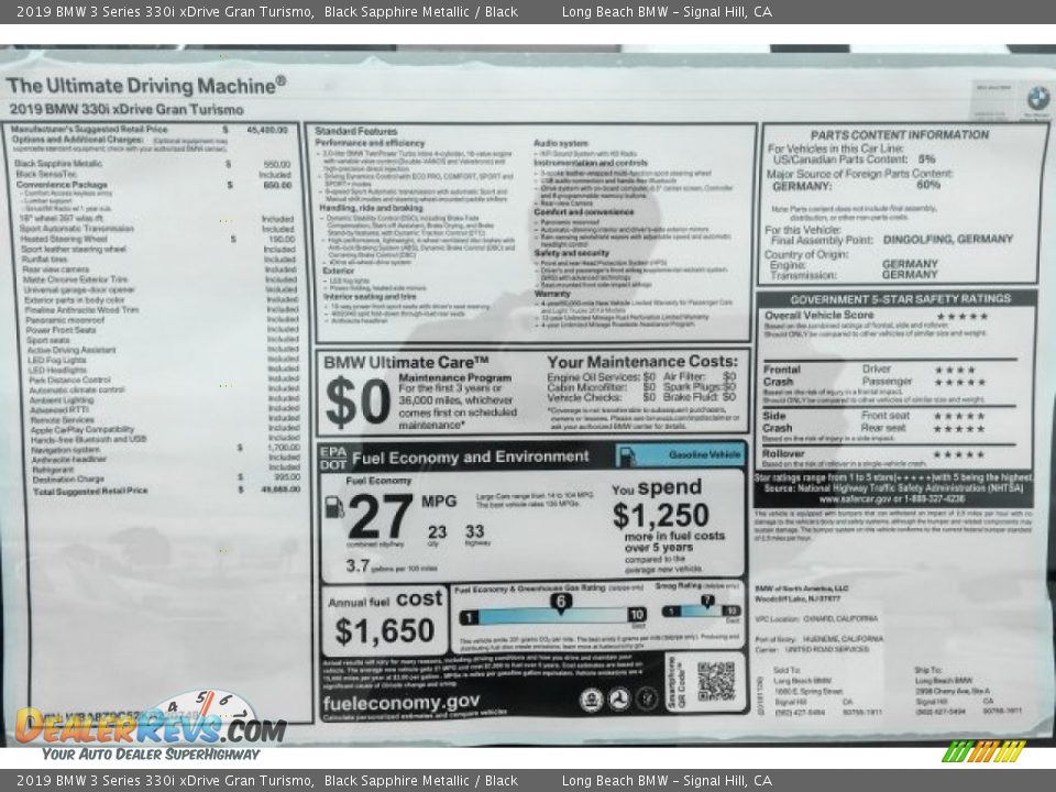 2019 BMW 3 Series 330i xDrive Gran Turismo Window Sticker Photo #10