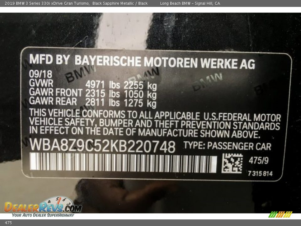 BMW Color Code 475 Black Sapphire Metallic