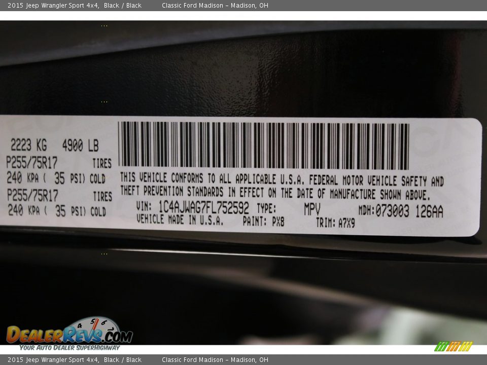 2015 Jeep Wrangler Sport 4x4 Black / Black Photo #19