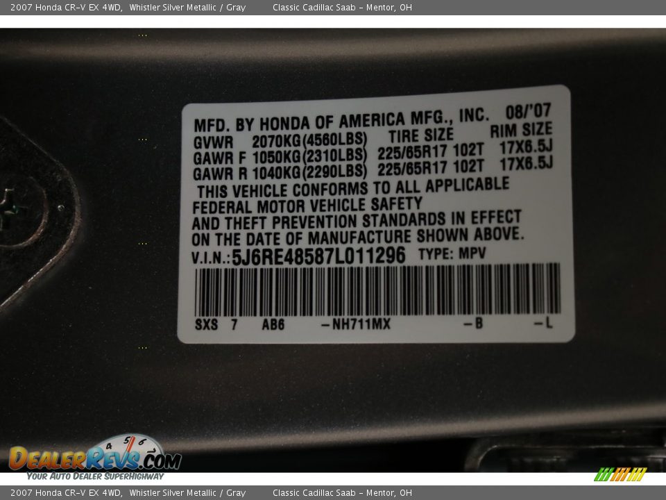 2007 Honda CR-V EX 4WD Whistler Silver Metallic / Gray Photo #13