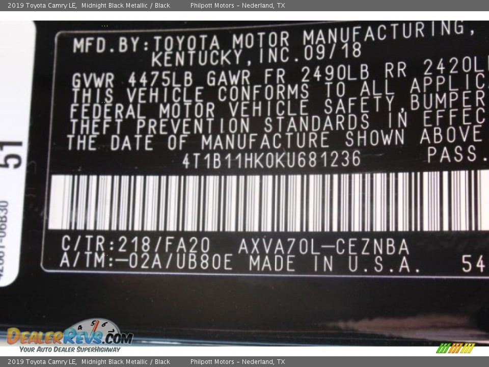2019 Toyota Camry LE Midnight Black Metallic / Black Photo #24