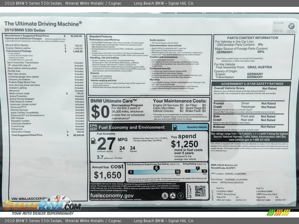 2019 BMW 5 Series 530i Sedan Mineral White Metallic / Cognac Photo #10