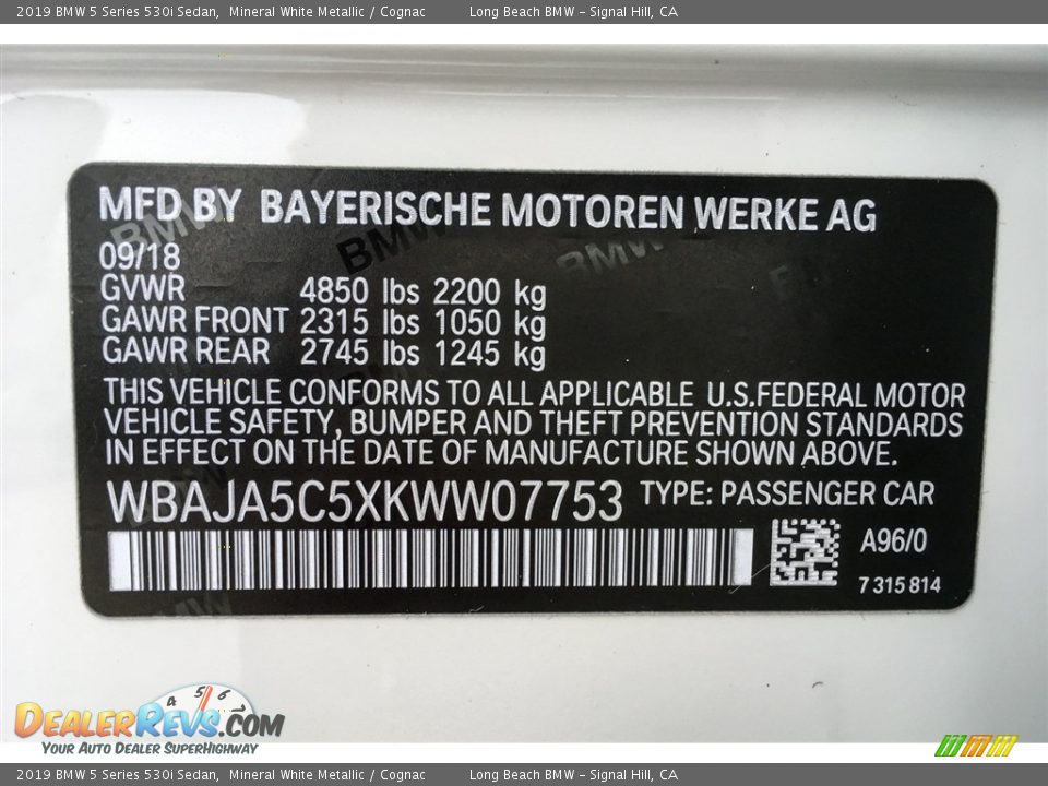 2019 BMW 5 Series 530i Sedan Mineral White Metallic / Cognac Photo #11