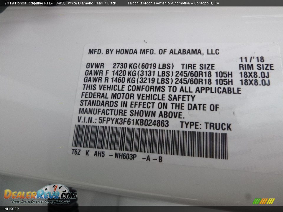 Honda Color Code NH603P White Diamond Pearl