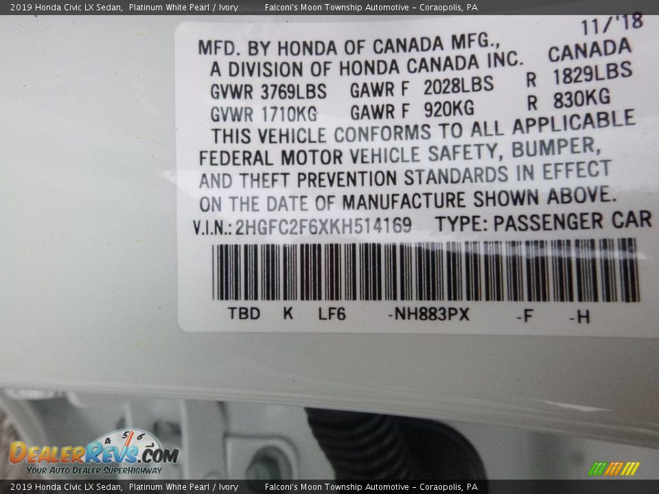 2019 Honda Civic LX Sedan Platinum White Pearl / Ivory Photo #13