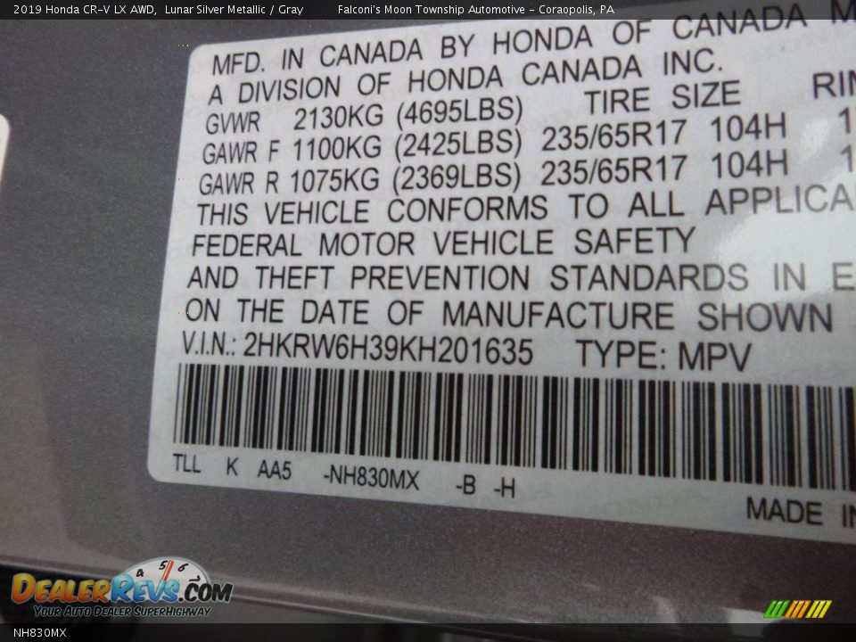 Honda Color Code NH830MX Lunar Silver Metallic