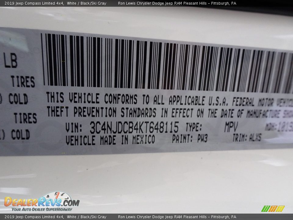 2019 Jeep Compass Limited 4x4 White / Black/Ski Gray Photo #14