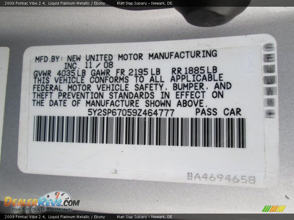 2009 Pontiac Vibe 2.4 Liquid Platinum Metallic / Ebony Photo #28
