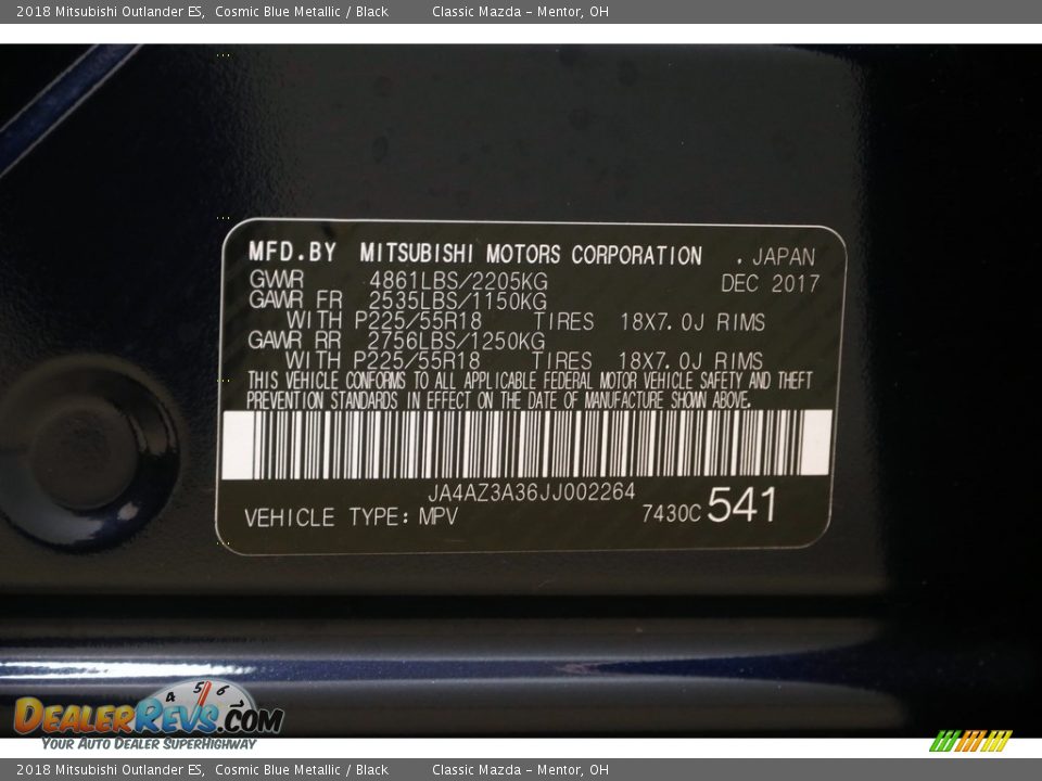 2018 Mitsubishi Outlander ES Cosmic Blue Metallic / Black Photo #20