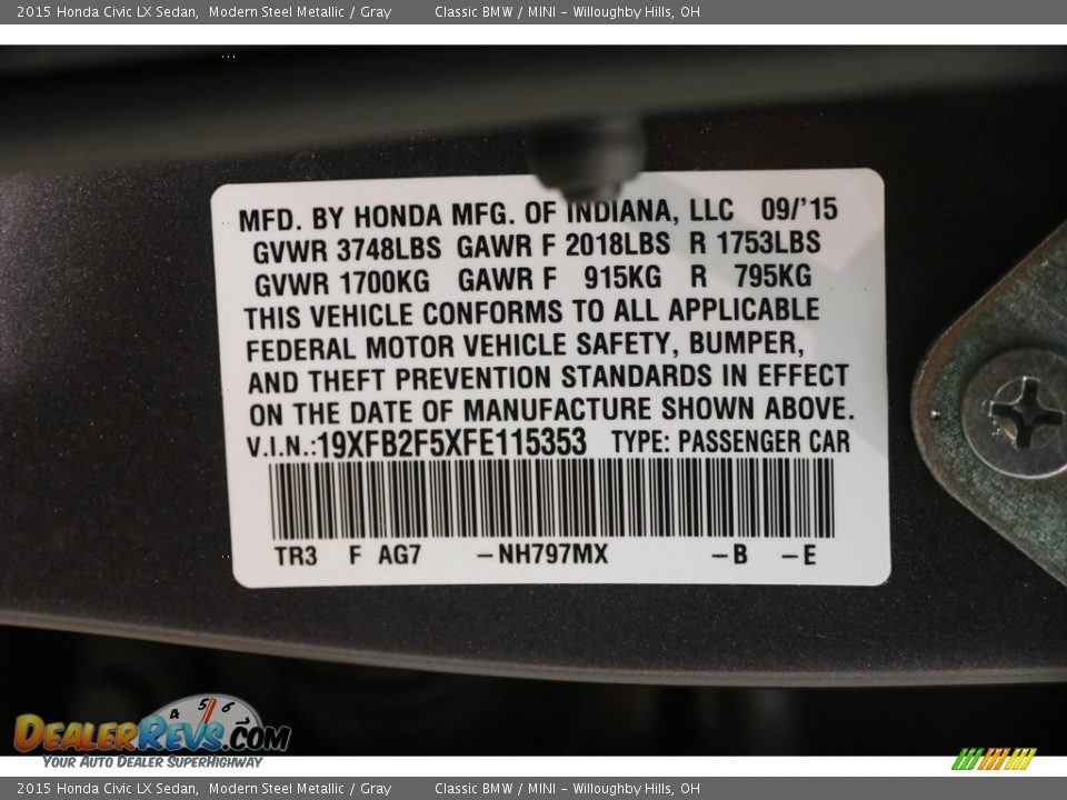 2015 Honda Civic LX Sedan Modern Steel Metallic / Gray Photo #21