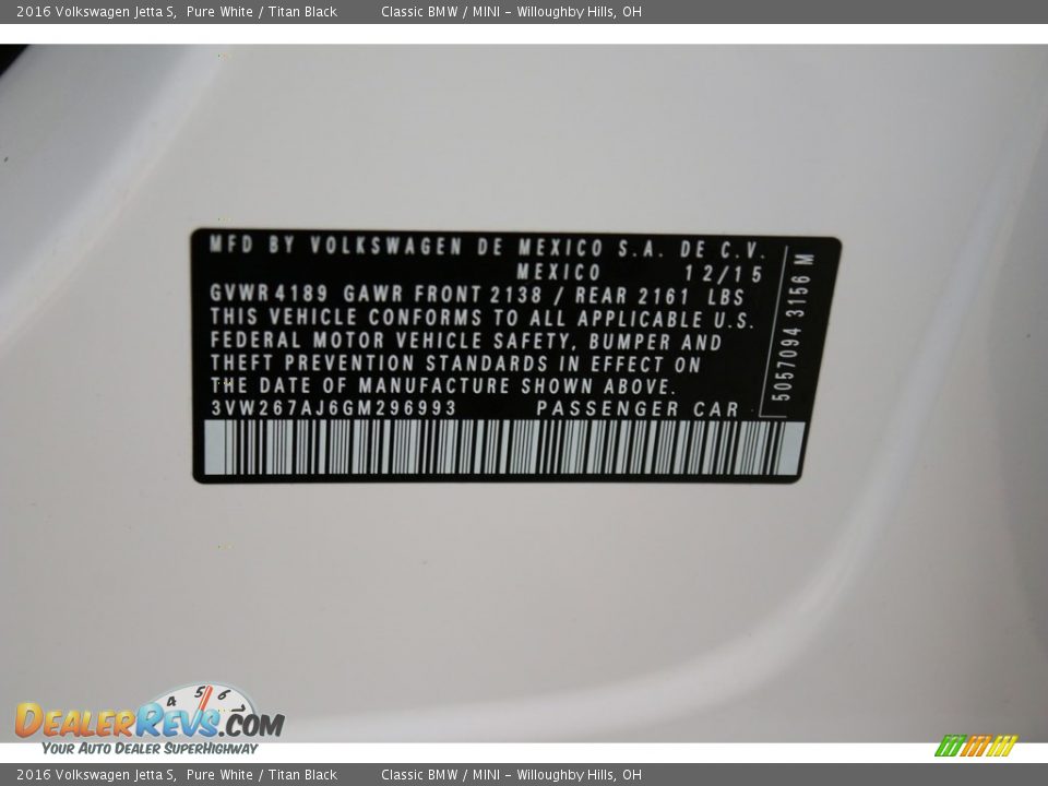 2016 Volkswagen Jetta S Pure White / Titan Black Photo #19