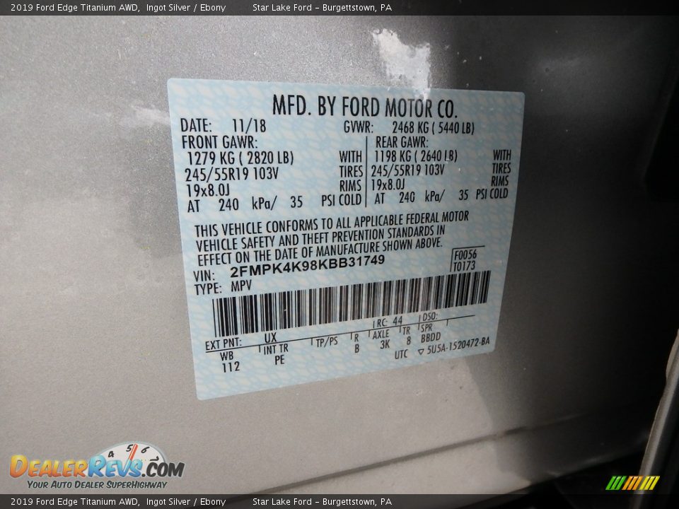 2019 Ford Edge Titanium AWD Ingot Silver / Ebony Photo #16