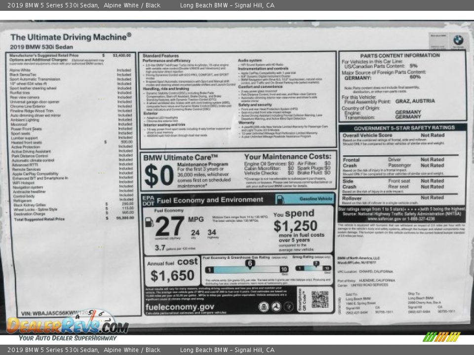 2019 BMW 5 Series 530i Sedan Alpine White / Black Photo #10