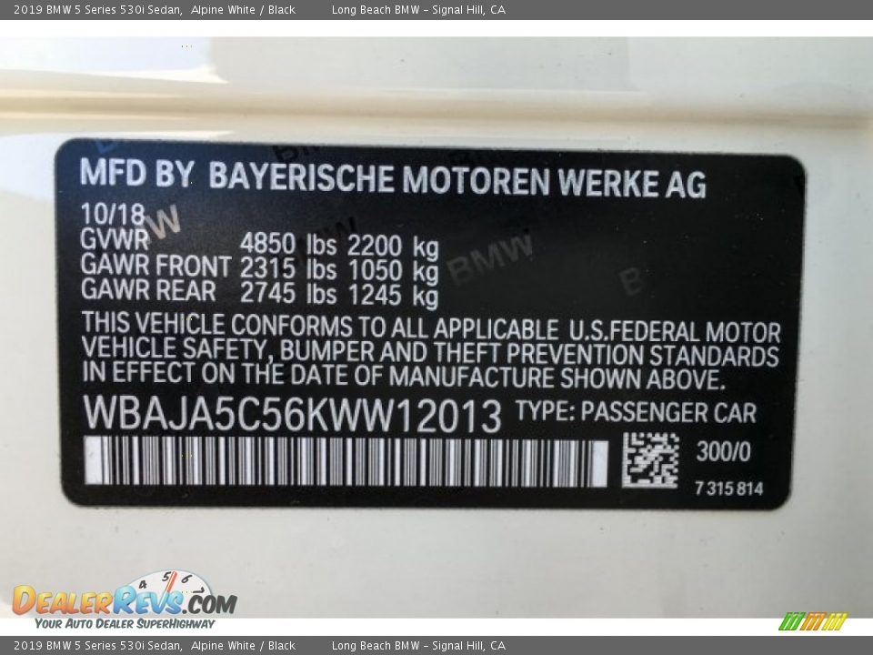 2019 BMW 5 Series 530i Sedan Alpine White / Black Photo #11