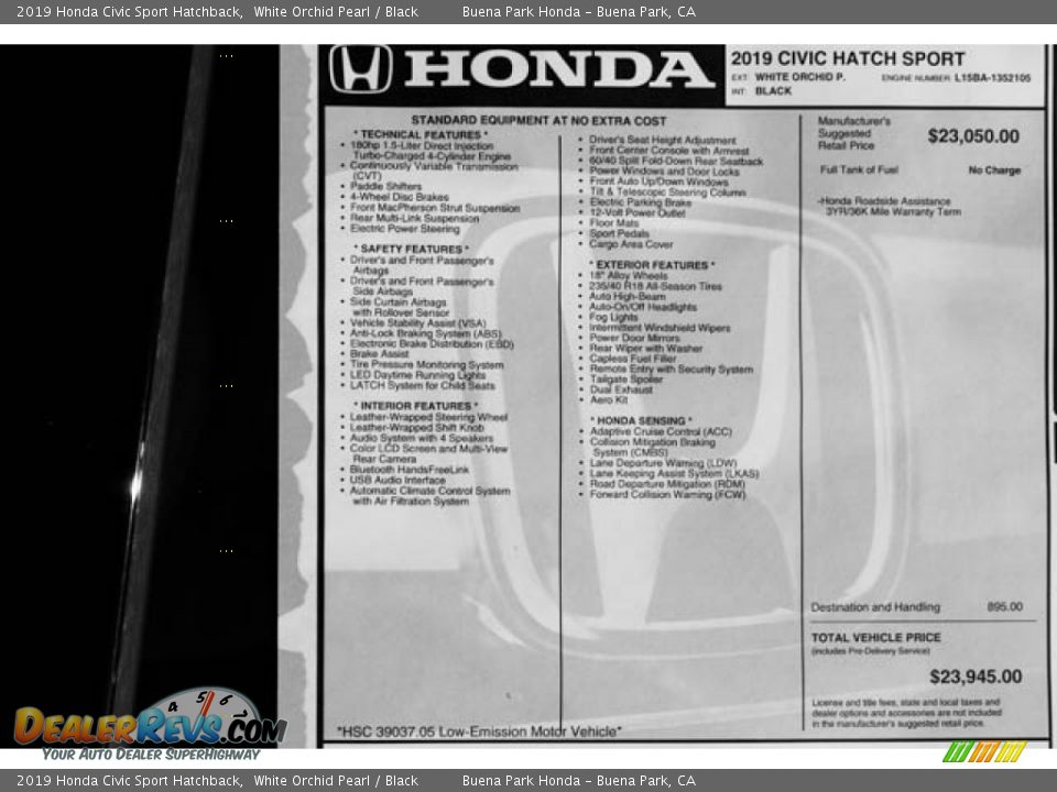 2019 Honda Civic Sport Hatchback White Orchid Pearl / Black Photo #36