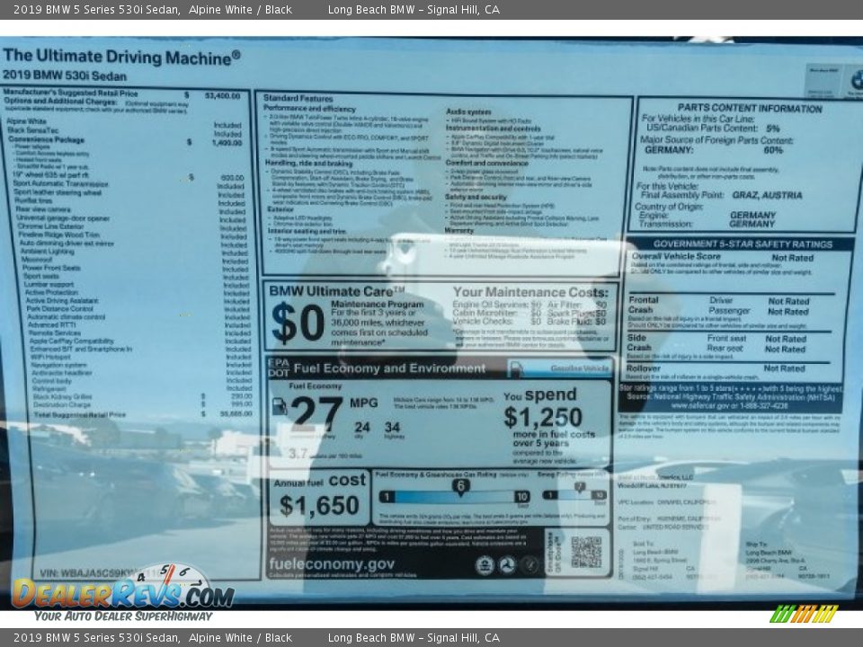 2019 BMW 5 Series 530i Sedan Alpine White / Black Photo #10