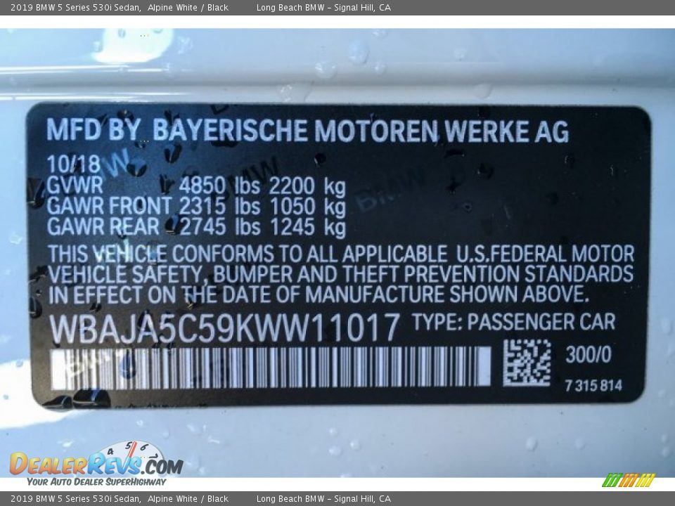 2019 BMW 5 Series 530i Sedan Alpine White / Black Photo #11