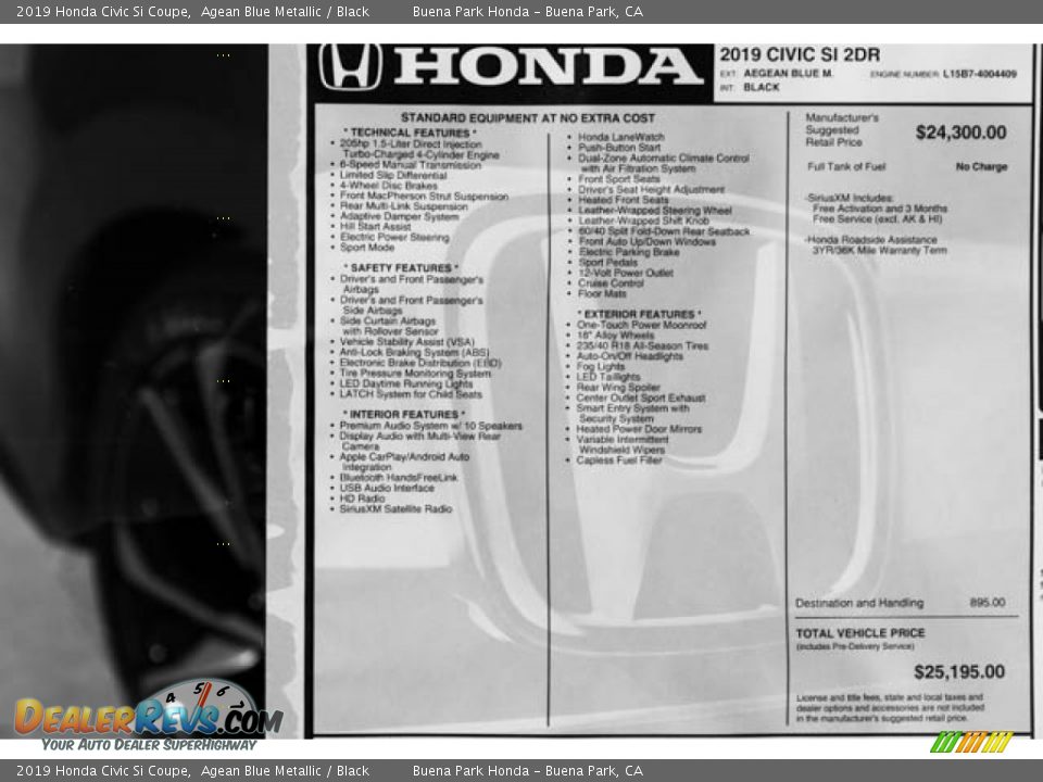 2019 Honda Civic Si Coupe Window Sticker Photo #36