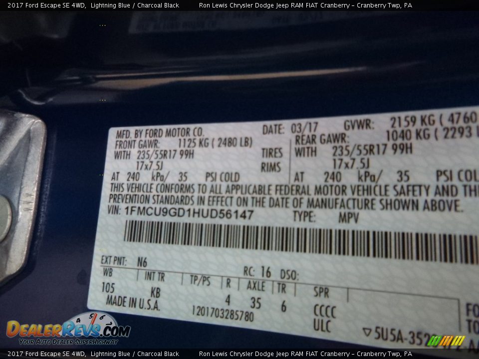 2017 Ford Escape SE 4WD Lightning Blue / Charcoal Black Photo #15