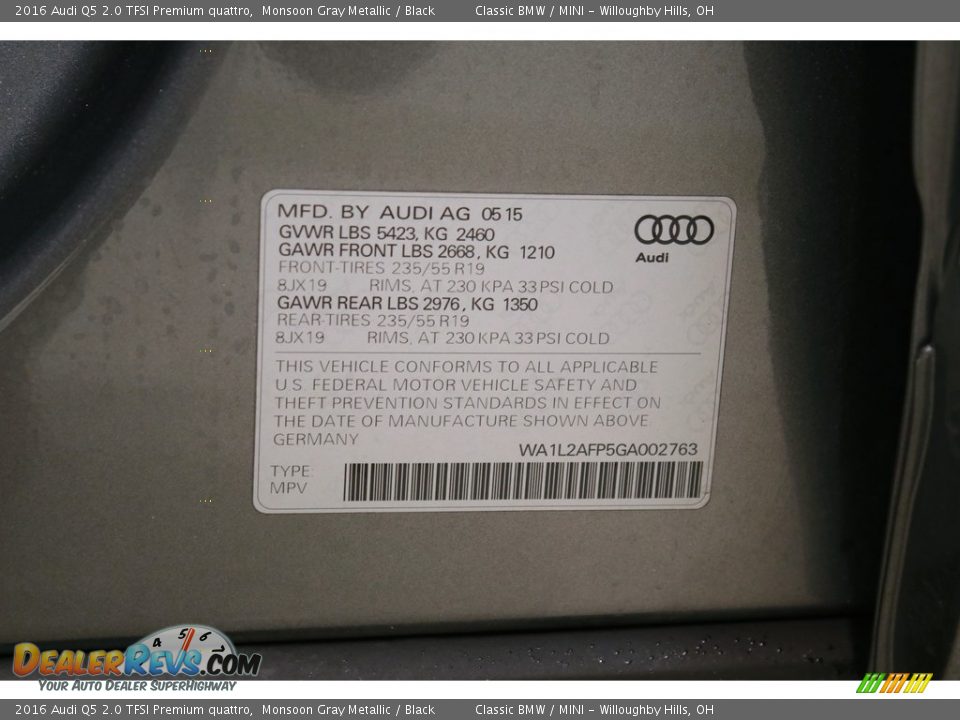 2016 Audi Q5 2.0 TFSI Premium quattro Monsoon Gray Metallic / Black Photo #22