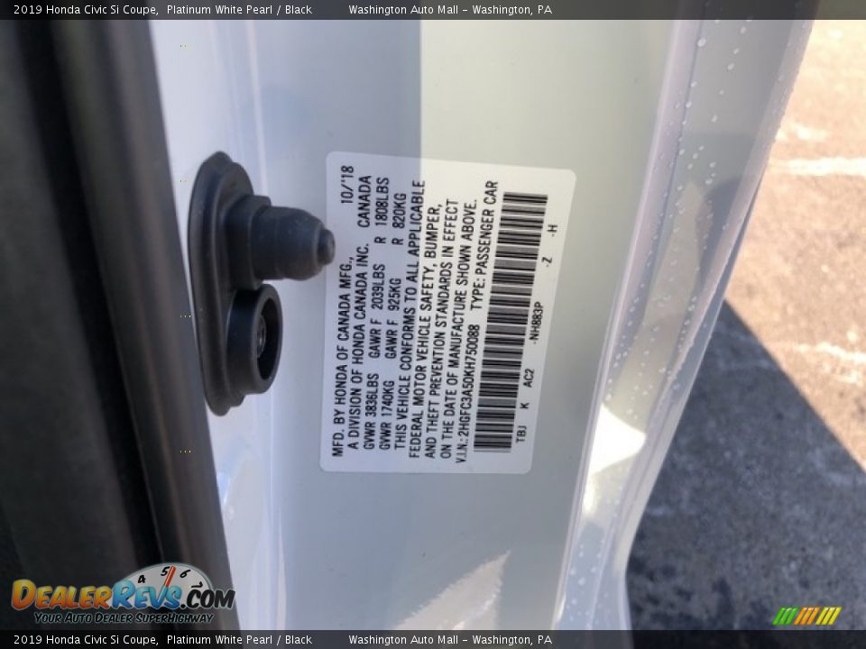 2019 Honda Civic Si Coupe Platinum White Pearl / Black Photo #26