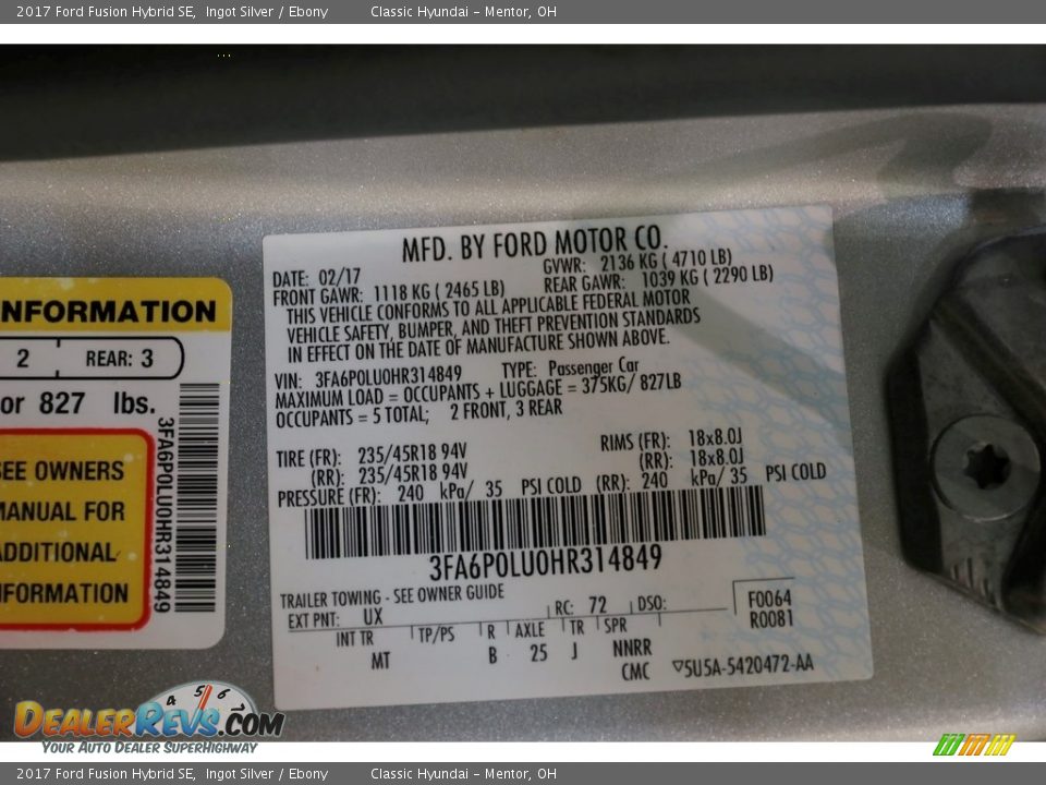 2017 Ford Fusion Hybrid SE Ingot Silver / Ebony Photo #20