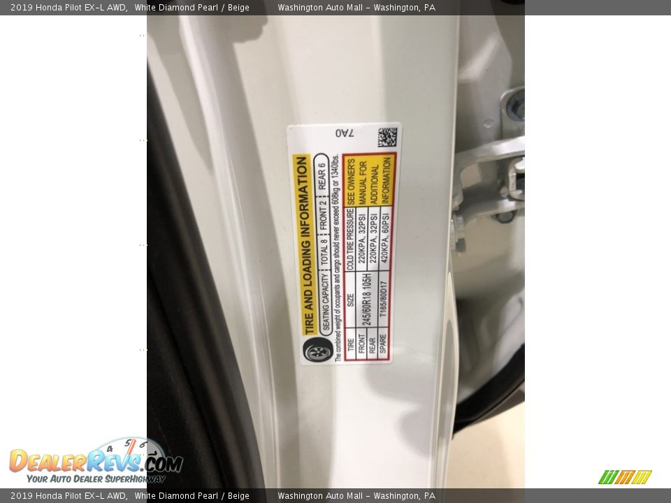 2019 Honda Pilot EX-L AWD White Diamond Pearl / Beige Photo #25