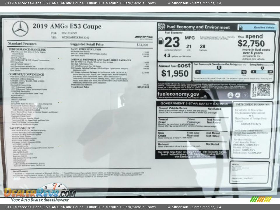 2019 Mercedes-Benz E 53 AMG 4Matic Coupe Window Sticker Photo #10