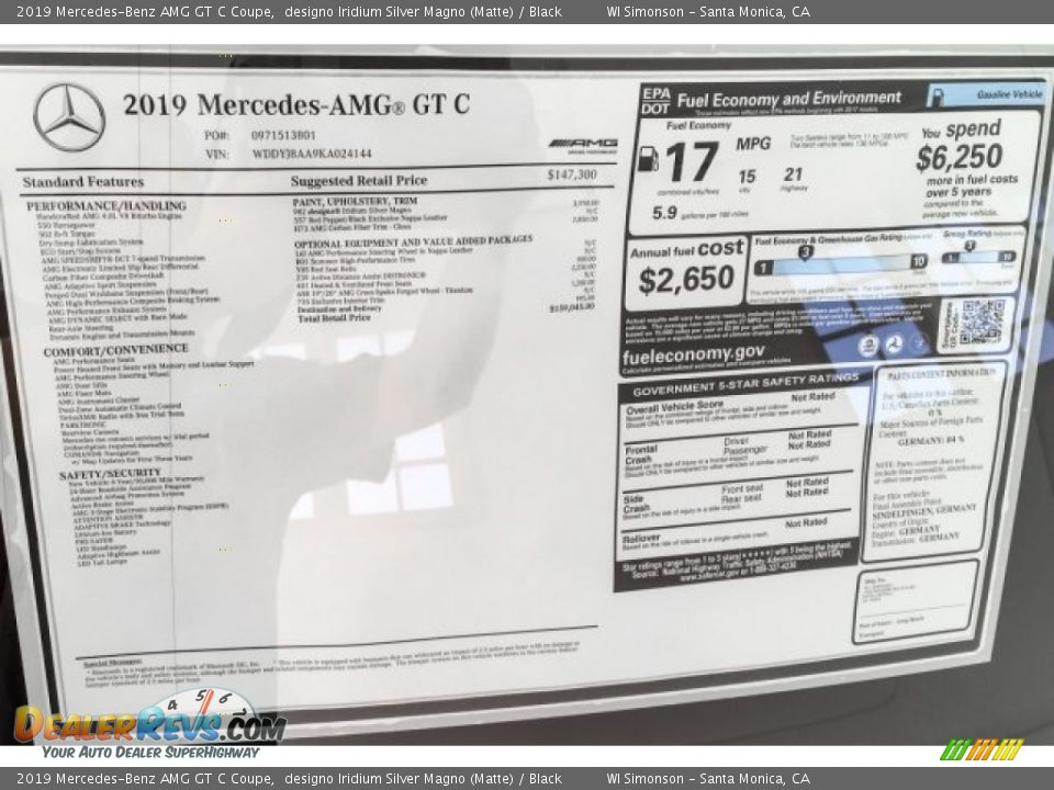 2019 Mercedes-Benz AMG GT C Coupe Window Sticker Photo #19