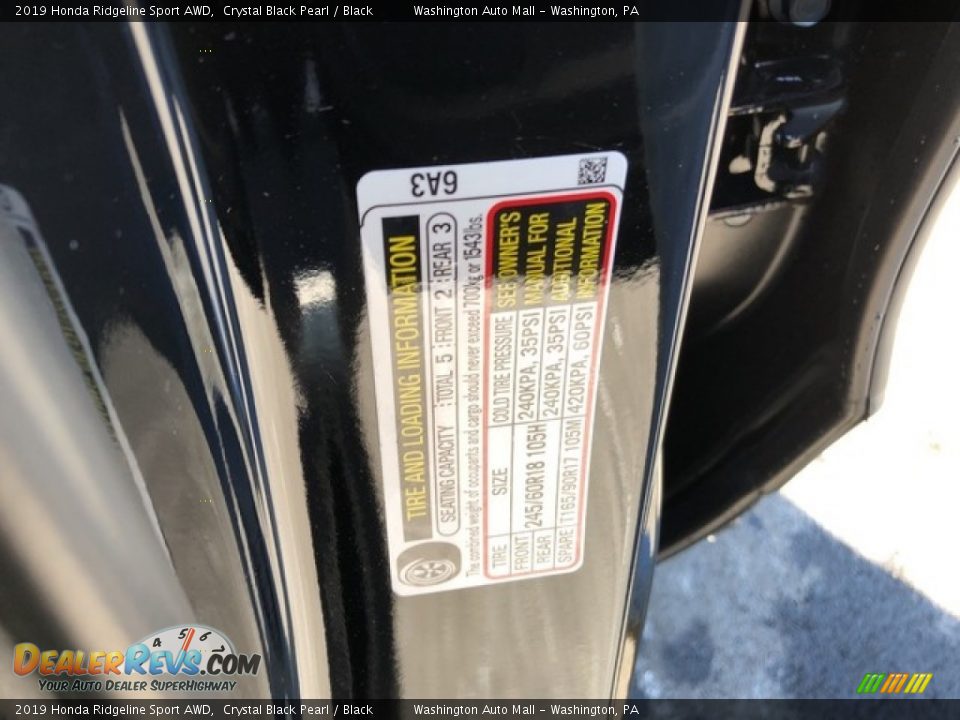 2019 Honda Ridgeline Sport AWD Crystal Black Pearl / Black Photo #25