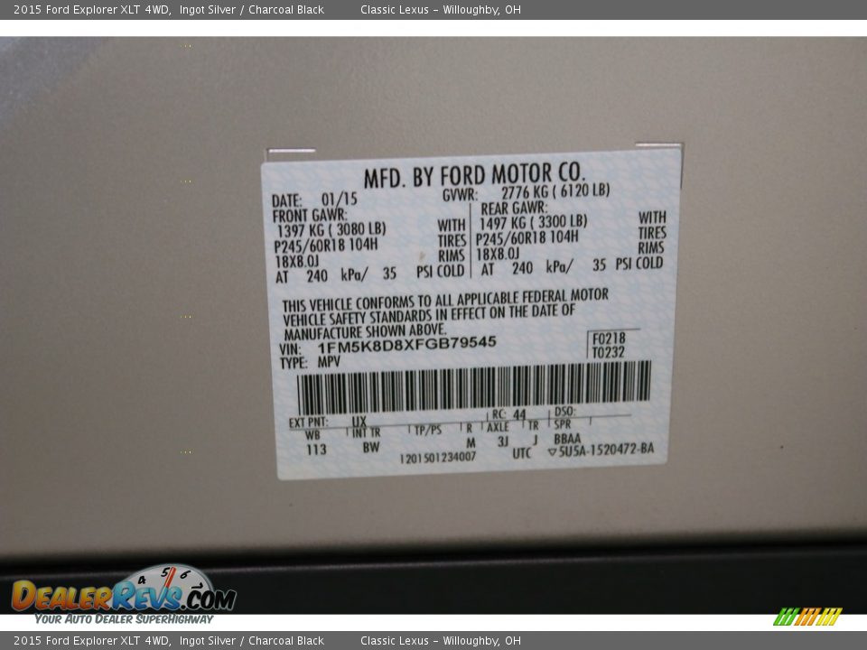 2015 Ford Explorer XLT 4WD Ingot Silver / Charcoal Black Photo #23