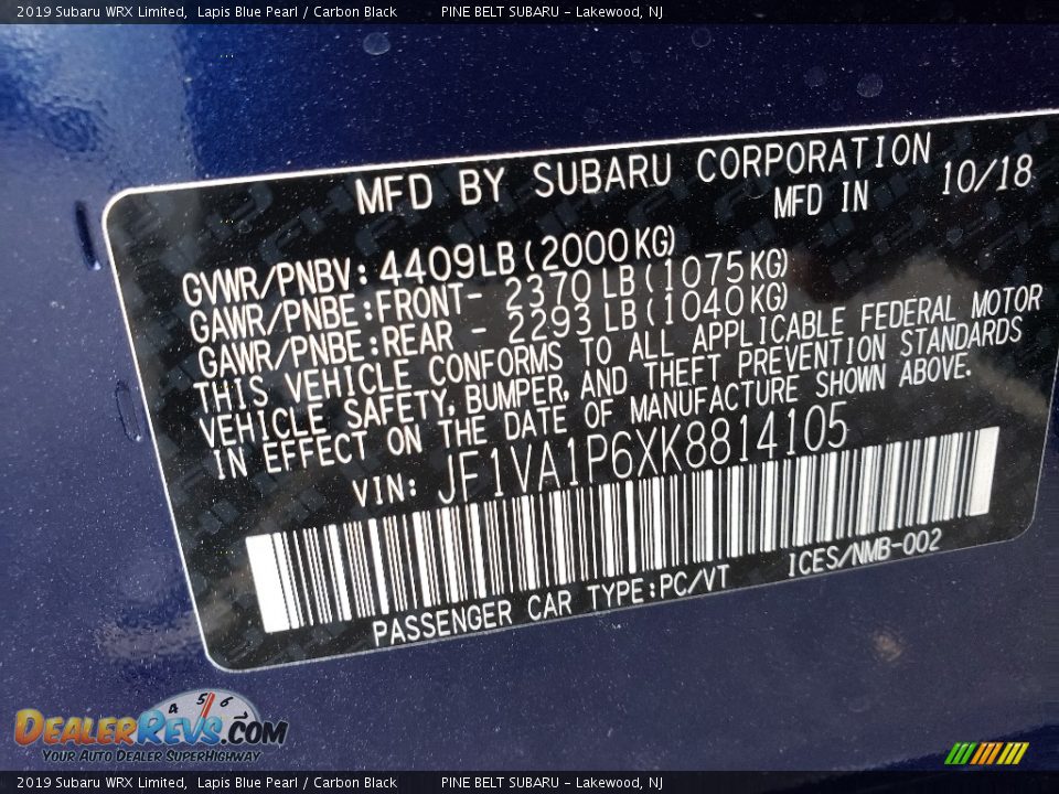 2019 Subaru WRX Limited Lapis Blue Pearl / Carbon Black Photo #8