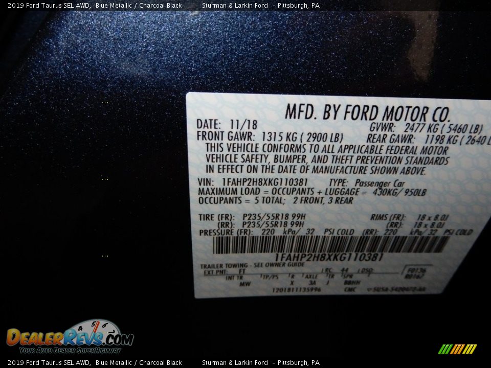 2019 Ford Taurus SEL AWD Blue Metallic / Charcoal Black Photo #11