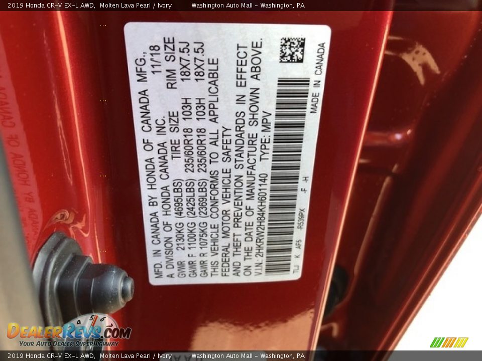 2019 Honda CR-V EX-L AWD Molten Lava Pearl / Ivory Photo #24