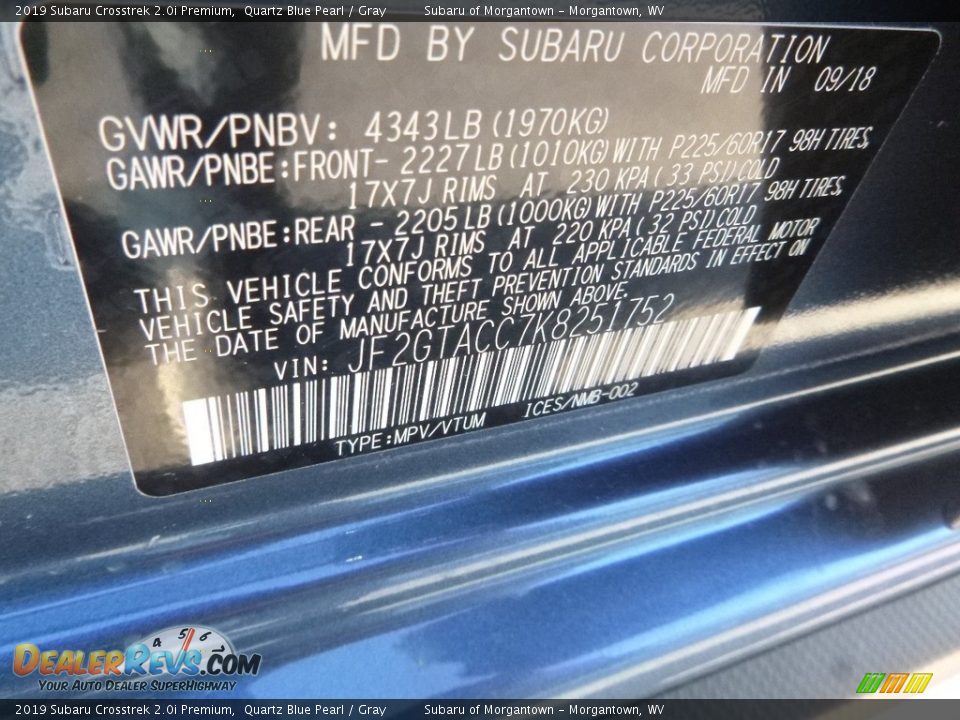 2019 Subaru Crosstrek 2.0i Premium Quartz Blue Pearl / Gray Photo #13