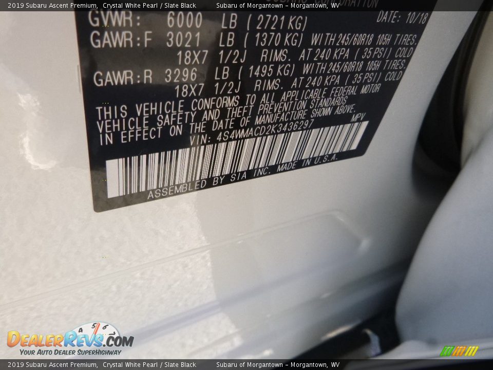 2019 Subaru Ascent Premium Crystal White Pearl / Slate Black Photo #16