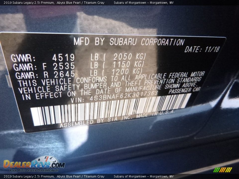2019 Subaru Legacy 2.5i Premium Abyss Blue Pearl / Titanium Gray Photo #13