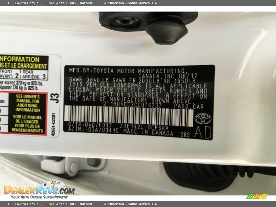 2012 Toyota Corolla S Super White / Dark Charcoal Photo #25