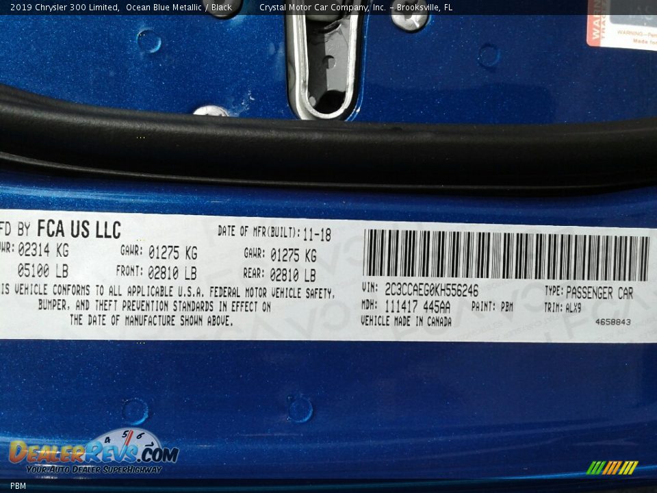 Chrysler Color Code PBM Ocean Blue Metallic