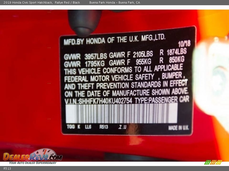 Honda Color Code R513 Rallye Red