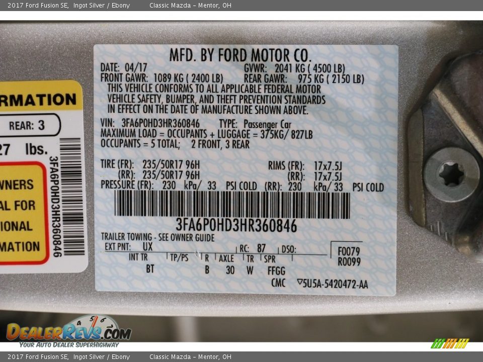 2017 Ford Fusion SE Ingot Silver / Ebony Photo #20