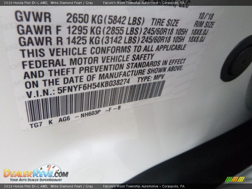 2019 Honda Pilot EX-L AWD White Diamond Pearl / Gray Photo #13