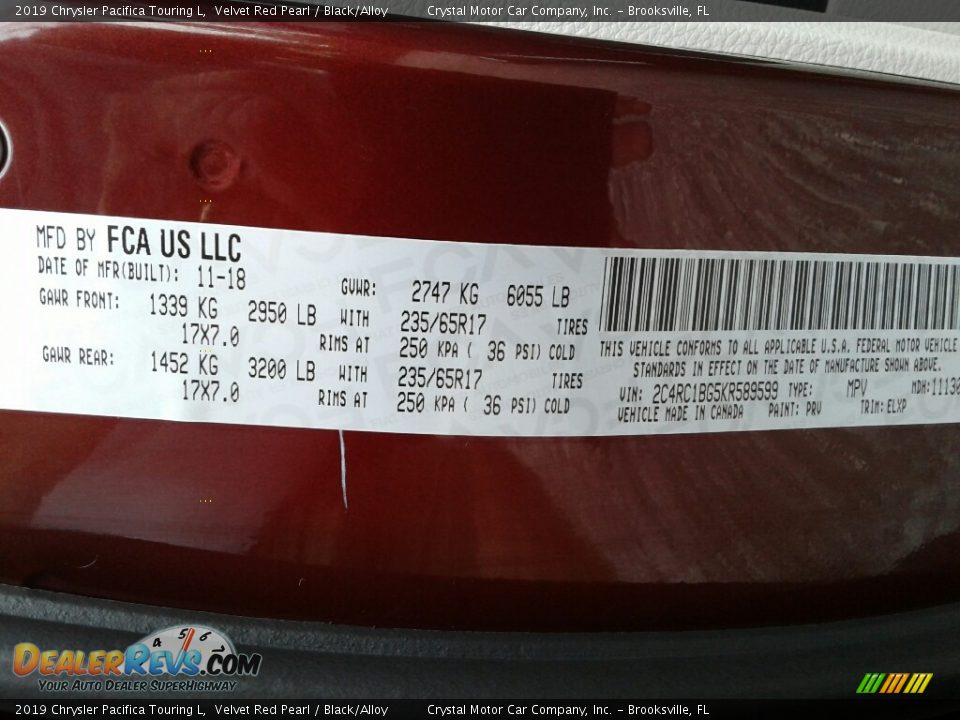 2019 Chrysler Pacifica Touring L Velvet Red Pearl / Black/Alloy Photo #22