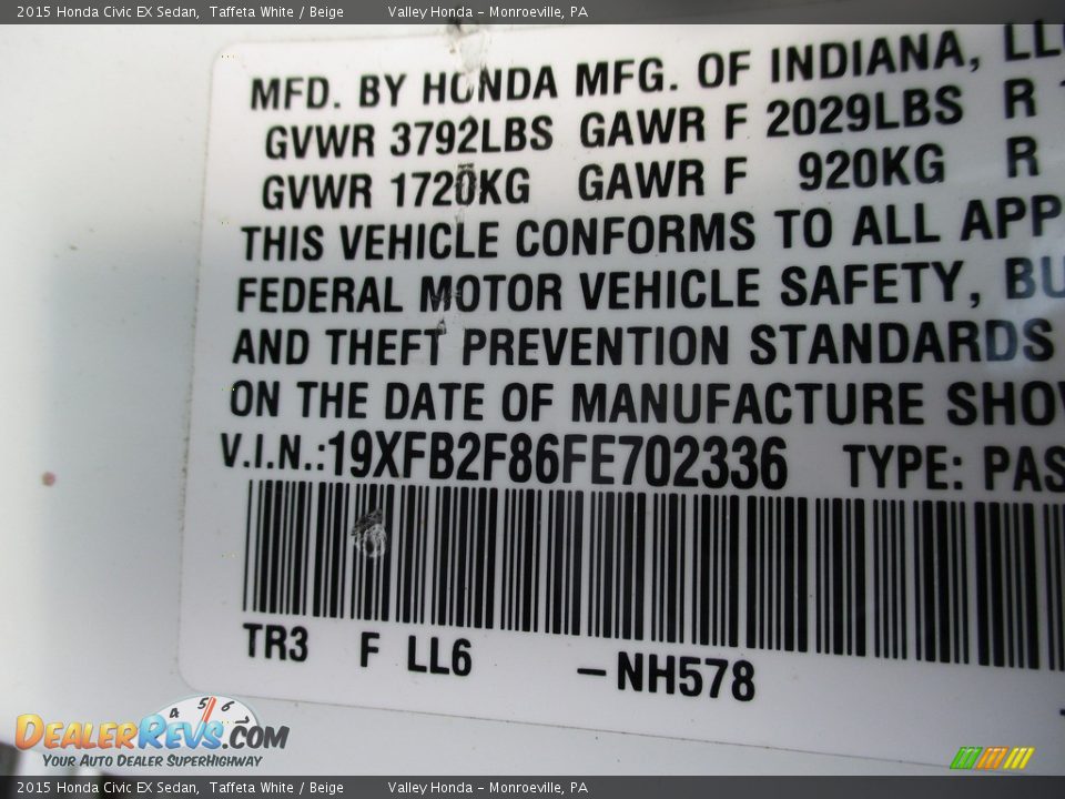 2015 Honda Civic EX Sedan Taffeta White / Beige Photo #19