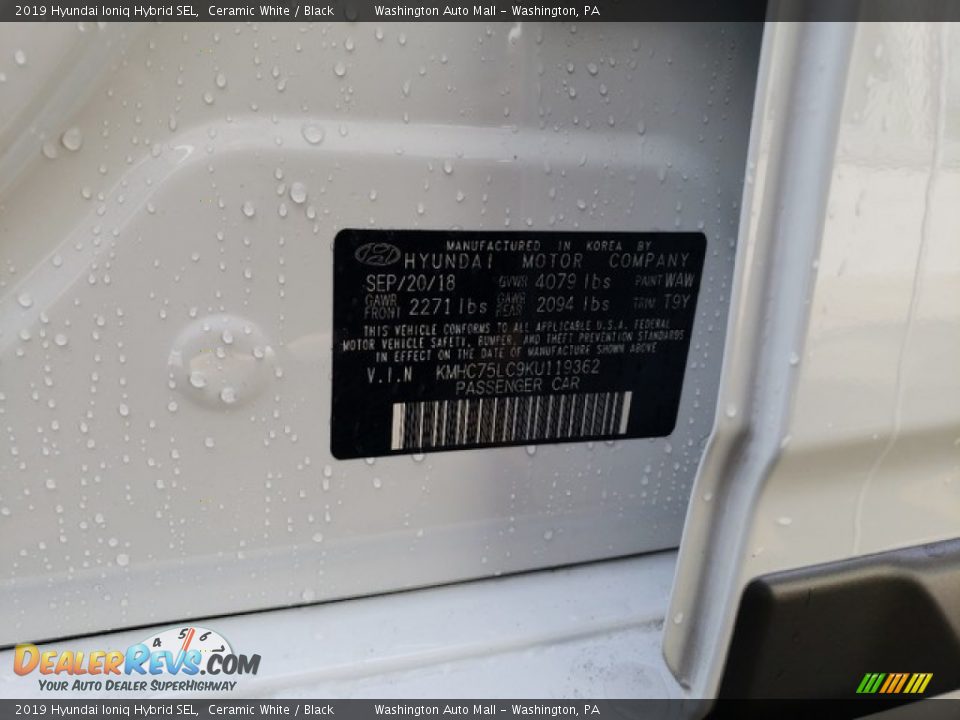 2019 Hyundai Ioniq Hybrid SEL Ceramic White / Black Photo #15
